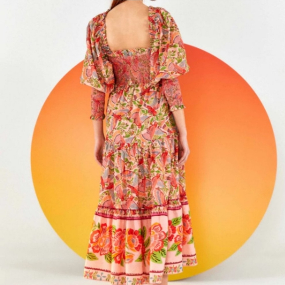 Farm Río Anthropologie Maxi Dress Macaw Flight Smocked Top Pink Midium - Picture 4 of 16